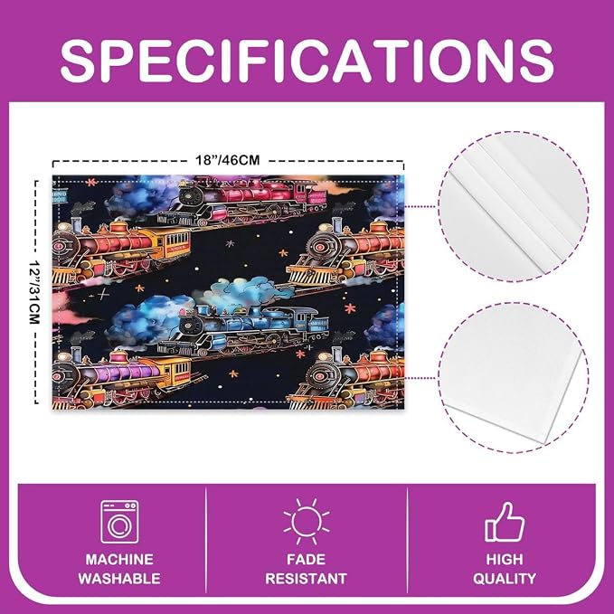 Feelyou Train Placemats Set of 4 12x18 Inch Colorful Steam Engine Table Mats for Party Kitchen Dining Decoration Holiday Seasonal Train Transportation Place Mat for Dinner Table Indoor Outdoor Decor - Image 4