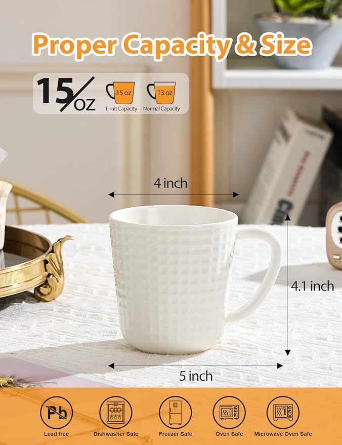 15 oz Ceramic Coffee Mugs Set of 6, White Waffle Embossed Coffee Cups | Coffee Cups with Large Handle, Coffee Mugs for Latte, Cappuccino & Hot Cocoa, Dishwasher & Microwave Safe, Housewarming Gift - Image 2