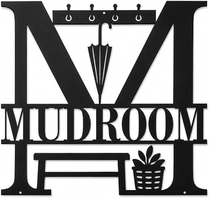 Mudroom Metal Wall Decor, Farmhouse Entryway Sign, 14 Inch | 14-inch matte black metal mudroom sign with pre-drilled holes for farmhouse entryway, hallway, or utility room decor. by Bosfori