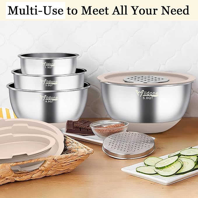Wildone Mixing Bowls with Airtight Lids, Stainless Steel Mixing Bowls Set | Metal Bowls with 3 Grater Attachments & Non-Slip Bottoms, Size 5, 4, 3, 2,1.5, 0.63QT, Includes Utensil Set for Prep, Khaki - Image 5