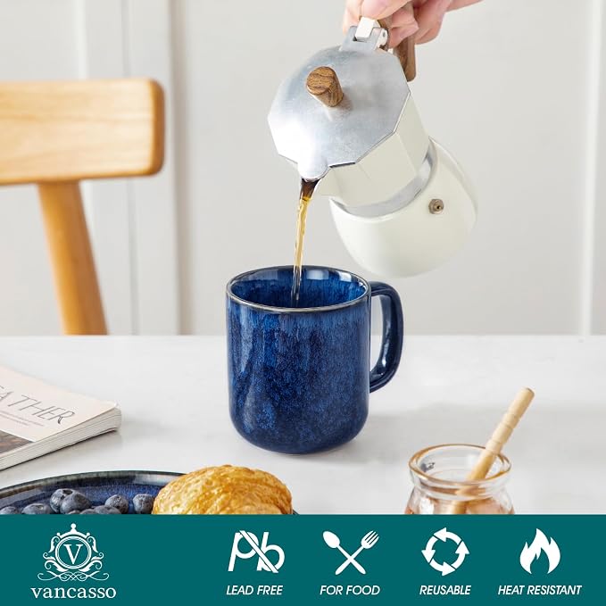 vancasso STARRY Coffee Mugs Set, 12 oz Ceramic Coffee Cups for Latte Hot Tea Cappuccino Cocoa Milk Stoneware Cups Set of 6, Dishwasher & Microwave Safe, Blue - Image 4