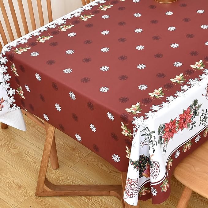 Christmas Table Cloth Rectangle Heavy Duty Vinyl Red Christmas Tablecloth Plastic Reusable Santa Tablecloth Wpieable Waterproof PVC Xmas Table Cover for Dining Party New Year(Red, 54"x72") by Yofori
