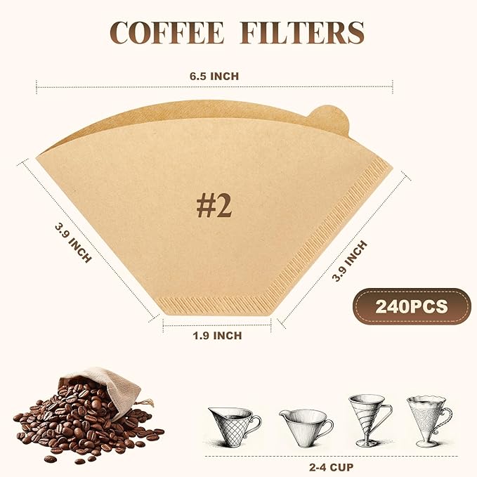 240 Count #2 Coffee Filtets 2-4 Cup, Premiun Unbleached Natural Coffee Paper Filters, No Blowout, Disposable Coffee Filter Cone Paper for Pour Over and Drip Coffee Maker