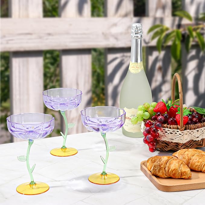 24 Pcs Purple Plastic Ribbed Coupe Glasses Detachable 7oz Flower Cocktail Glasses Modern Wavy Plastic Cocktail Coupes Disposable Martini Glasses Mimosa Glassware champagne goblets (24, Purple) - Image 7
