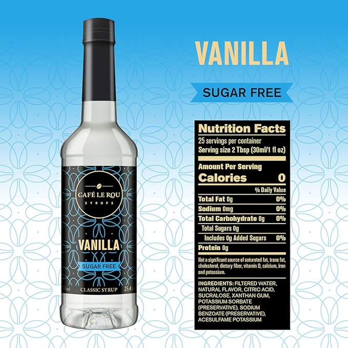 "NEW" Café Le Rou Coffee Syrup Sugar Free Variety 25.4oz Vanilla, French Vanilla, Caramel, Hazelnut -(4 Pack)*Includes 4 Coffee Syrup Dispensers*Flavoring Syrup for Coffee, Tea and Espresso