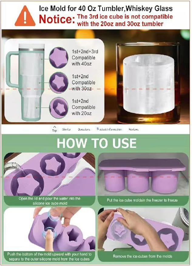 Ice Cube Tray for Stanley Cup, Silicone Ice Cube Tray Star Mold with Lid, Fits 20/30/40 oz Tumblers, Whiskey Glasses, Popsicle Mold, Reusable, Dishwasher Safe (Purple), Regular, ICT001