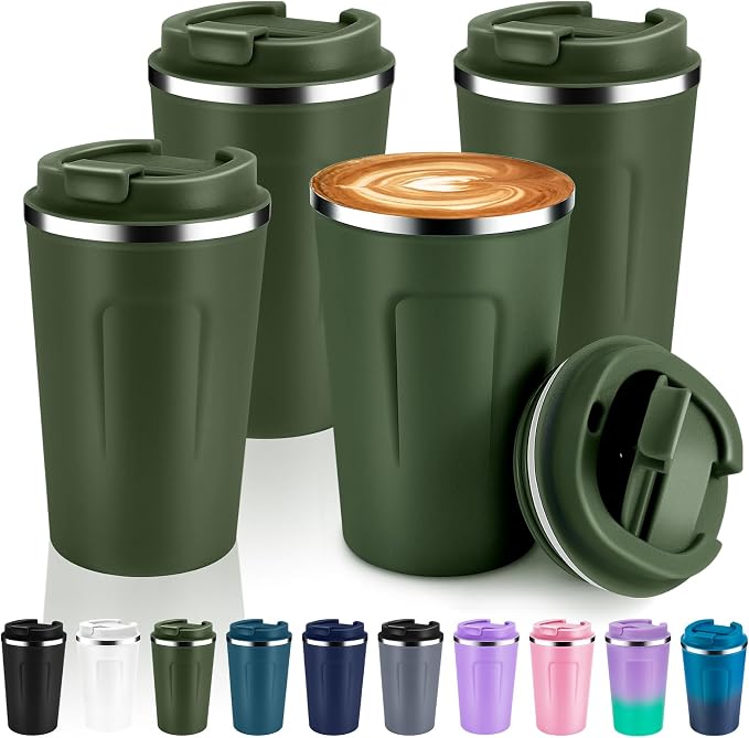 Volhoply 12 oz Double Wall Insulated Vacuum Travel Coffee Mug with Flip Lid Bulk 4 Pack,Reusable Stainless Steel Leak Proof Coffee Cups,Portable Thermal Tumbler for Hot & Cold Drinks(Army Green,4 Set) by LiveFully%EF%BC%8CDrinkFreely%E2%80%94KeepGoingwithVolhoply%EF%BC%81