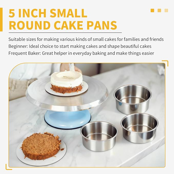 TeamFar 5 Inch Cake Pan Set of 3, Stainless Steel Small Layer Cake Pans Tin | Round Bakeware for Birthday Wedding Party, Non-Toxic & Healthy, Mirror Finish & Dishwasher Safe - Image 4