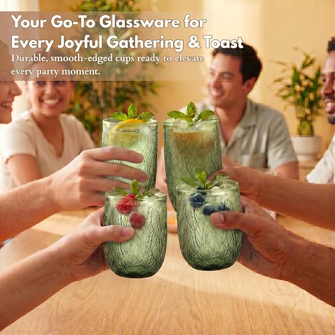 Green Drinking Glasses Set of 12, 12 Oz Highball & 10 Oz Cocktail Glasses, Green Kitchen Vintage Glassware Set, Floral Embossed Glass Tumbler Cups for Beer, Juice, Whiskey, Coffee(Leaf) - Image 5