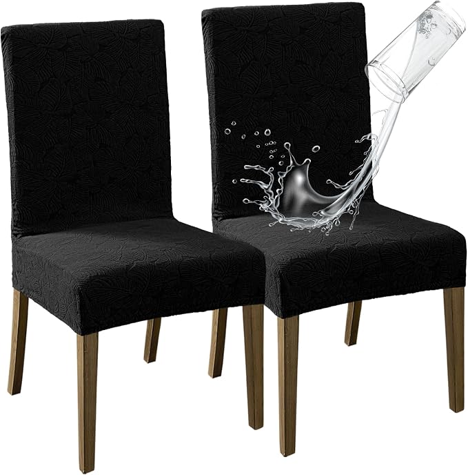 MOSAYT 100% Waterproof Dining Room Chair Covers Set of 2, Super Fit Stretch Jacquard Parson Chairs Slipcovers Removable Washable Chair Seat Protectors for Home, Kitchen, Banquet (Black) by MOSAYT