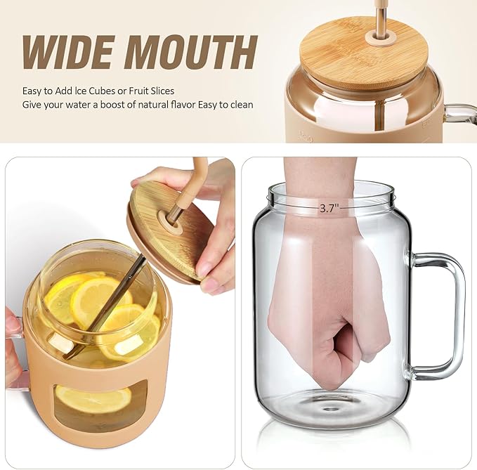 50 oz Glass Water Bottles with Silicone Sleeve,Glass Tumbler with Lid and Straw,Iced Coffee Cup with Handle,BPA Free-Amber