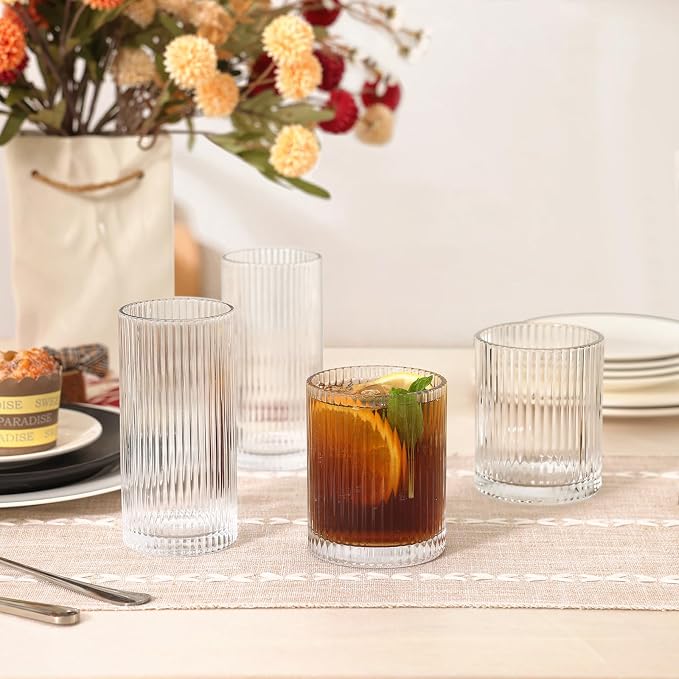 Moretoes Ribbed Drinking Glasses Set of 12,Water Glass Cups | Mixed Glassware Set,6 Highball Glasses 12 Oz, 6 Rocks Glass 13 Oz, Kitchen Bar Tumbler for Wine, Juice, Ice Coffee, Whiskey - Image 7