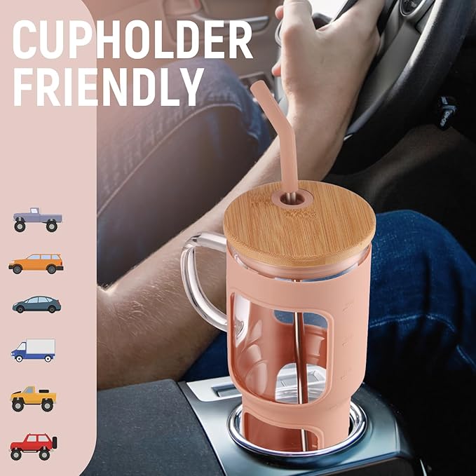 COMOOO 40oz Glass Tumbler with Handle, Bamboo Lid, Straw, Silicone Sleeve, Dishwasher Safe, Cup Holder Friendly, Amber