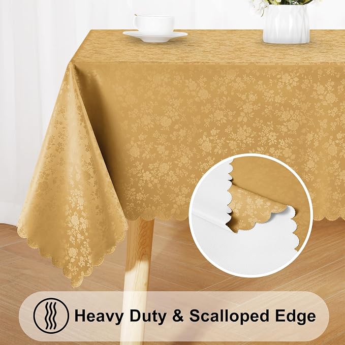 Smiry Rectangle Waterproof Heavy Duty Vinyl Tablecloths, 60 x 84 Inch | Wipeable Washable Floral Embossed Table Cover for Kitchen and Dining Room, Indoor & Outdoor Use, Gold - Image 4