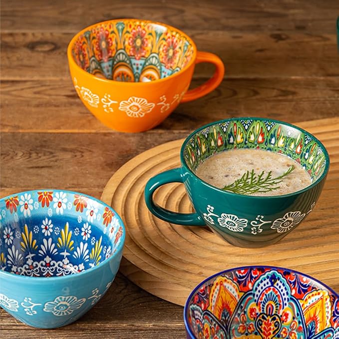 Bohemian Hand-Painted Ceramic Mug, 15 Oz Large Coffee Cup for Milk, Tea, and Breakfast, Dishwasher & Microwave Safe Artisan Cup, Orange - Image 5