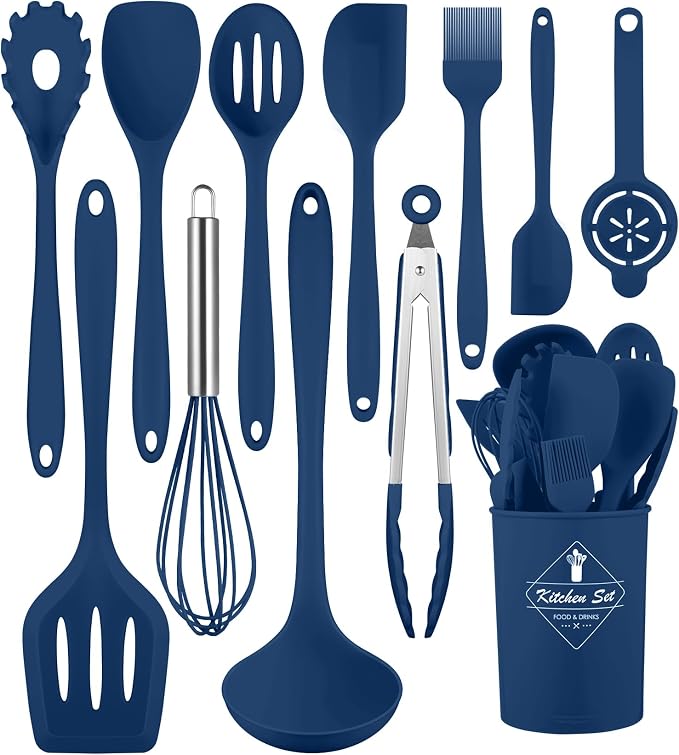 Blue Kitchen Utensils Set-12 Pieces Silicone Cooking Utensils Set | Dishwasher Safe 392°F Heat Resistant Spatula Set Kitchen Utensil Set for Nonstick Cookware,Best Kitchen Tools with Holder by Pranski