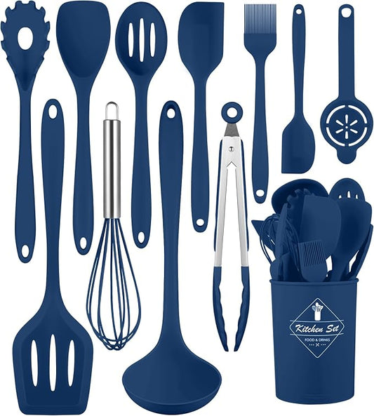 Blue Kitchen Utensils Set-12 Pieces Silicone Cooking Utensils Set | Dishwasher Safe 392°F Heat Resistant Spatula Set Kitchen Utensil Set for Nonstick Cookware,Best Kitchen Tools with Holder by Pranski