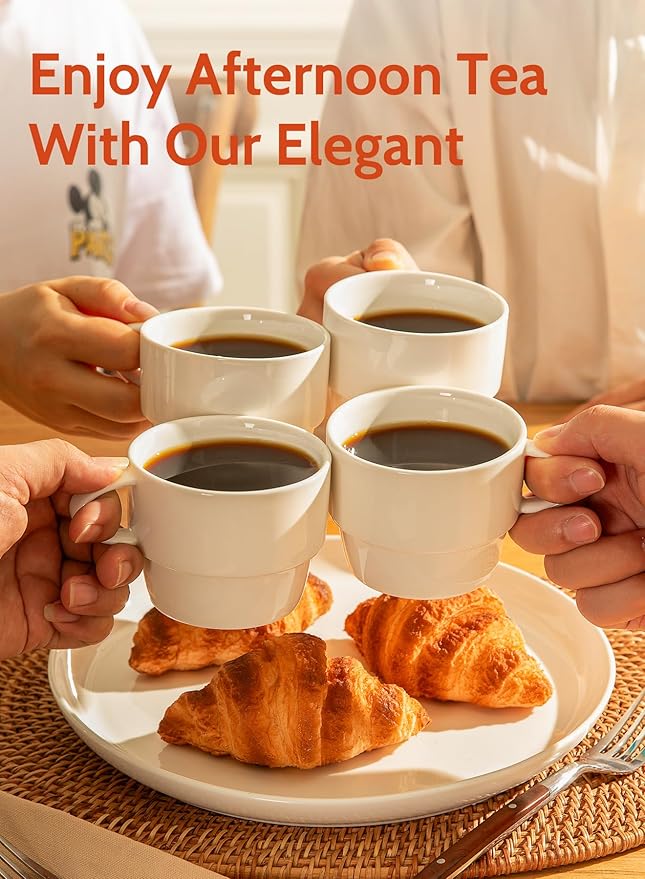 Sweese Porcelain Espresso Cups Set of 6, White | 6 oz size, stackable cups, for espresso and Coffee Drinks, Latte, Tea, cappuccino, set of 6, Dishwasher Safe - Image 3