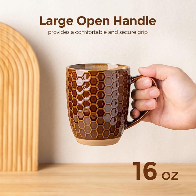 GBhome Large Coffee Mugs Set of 4, 16oz Handmade Embossed Coffee Mugs Set with Large Handle for Cappuccino/Latte/Tea/Hot Cocoa, Dishwasher & Microwave Safe, Caramel - Image 4