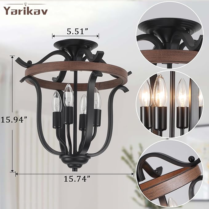 Farmhouse 4 Light Cage Chandelier, Vintage Rustic Mini Flush Mount Ceiling Light Fixture, Black Metal and Faux Wood Rustic Chandelier for Dining Room Kitchen Island Entryway Bedroom Porch Foyer - Image 3