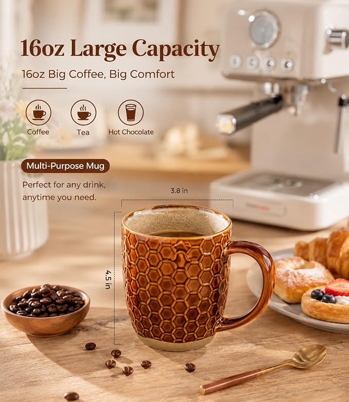 GBhome Large Coffee Mugs Set of 4, 16oz Handmade Embossed Coffee Mugs Set with Large Handle for Cappuccino/Latte/Tea/Hot Cocoa, Dishwasher & Microwave Safe, Caramel - Image 2