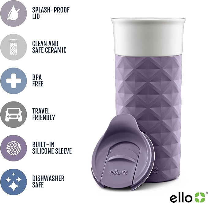 Ello Ogden 16oz Ceramic Travel Mug with Splash-Resistant Slider Lid and Protective Silicone Sleeve, Perfect for Coffee or Tea, BPA-Free, Dishwasher Safe | Splash-resistant ceramic travel mug with slider lid and protective silicone sleeve. BPA-free, gre... - Image 3