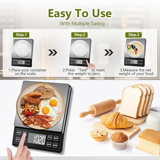 Digital Food Scale with 0.01oz/0.1g High Precision, Kitchen Scale 11lb/5kg Capacity, USB-C Rechargeable, LCD with Backlight, Stainless Steel Pan, Kitchen Scale for Cooking, Baking, Weight Loss
