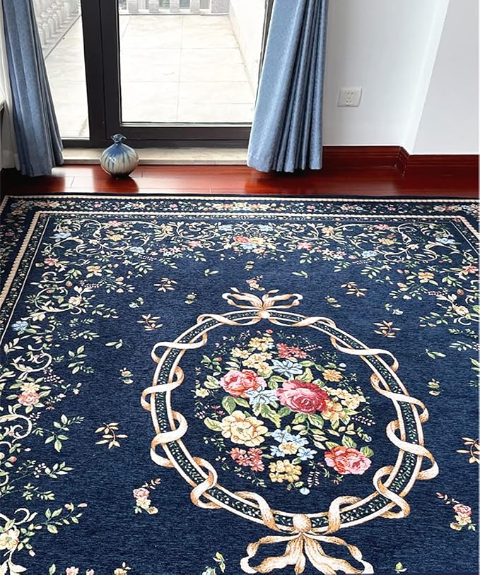 Elegant Traditional Floral Accent Rugs Rustic Non-Shedding Washable Area Rugs for Living Room Bedroom Dinning Room, 6′6″ × 9′6″, Navy Blue - Image 3