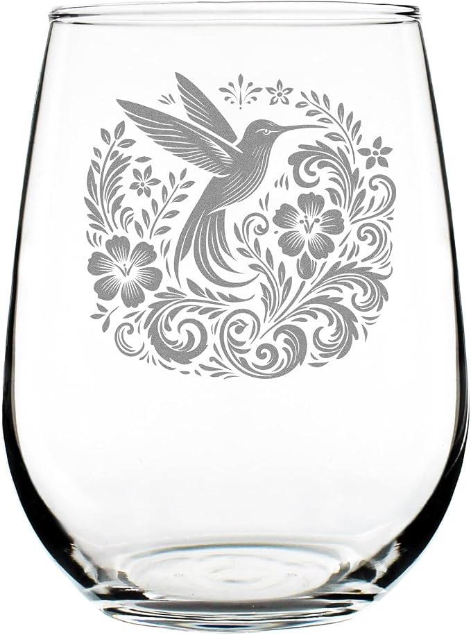 Hummingbird Floral Engraved 17oz Stemless Wine Glass, Etched Bird Flowers Glassware for Her, Nature Lover Present by Make+Your+Mark+Design