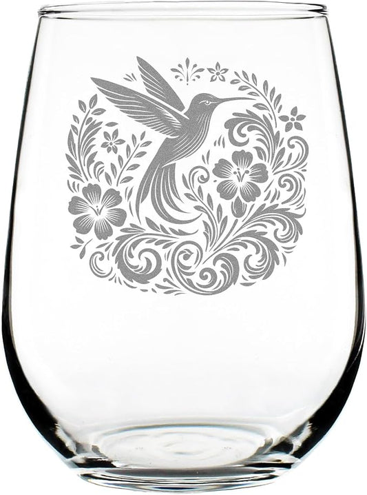 Hummingbird Floral Engraved 17oz Stemless Wine Glass, Etched Bird Flowers Glassware for Her, Nature Lover Present by Make+Your+Mark+Design