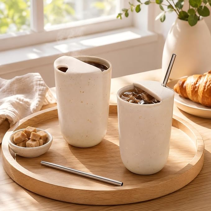 2 Pack Ceramic Coffee Mug with Sip Hole 9.5oz Retro Espresso Cup Travel Mug Hand-painted Porcelain Coffee Tea Cup Novelty for Kitchen Milk Juice Cappuccino Latte (Beige) - Image 4