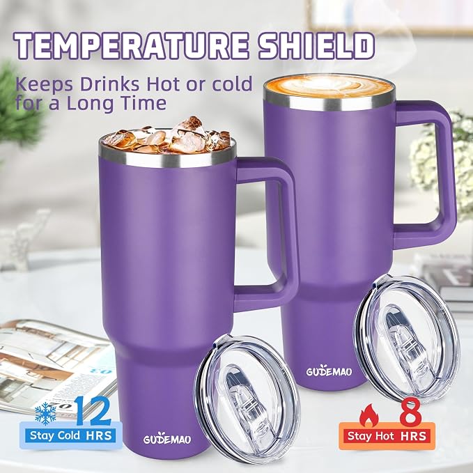 40 oz Insulated Coffee Mug with Ceramic Coating, Stainless Steel Travel Mug Tumbler with Handle Lid and Straw, Double Wall Leak-Proof Coffee Travel Mug Keeps Drink Hot and Cold (Purple) - Image 4