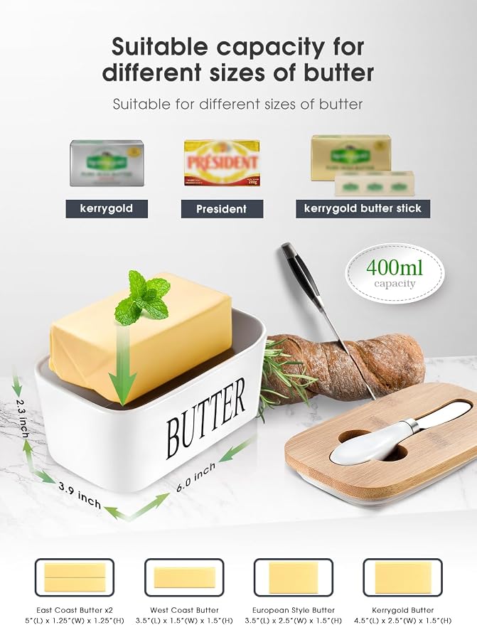 Ceramic Butter Dish with Lid and Knife & Silicone Seal 200ml 2 Pack White | Suitable Capacity, Great Sealing, Home Decor Kitchen Gift Housewarming Gift - Image 2