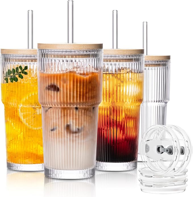 SoulTimes 20oz Ribbed Glass Tumbler with bamboo Lid and Straw – Iced Coffee Glasses Cups for Smoothie, Matcha, Juice, Water etc. Leakproof and Reusable Glassware Drinking for Travel To Go 【4 Pack】 by SoulTimes