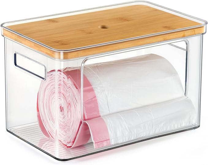 Hudgan Stackable Storage with Bamboo Top for Laundry Room Organization, Extra Large Trash Bag/Garbage Bag Dispenser, Under Sink Organizer, Pantry Organizers by HUDGAN