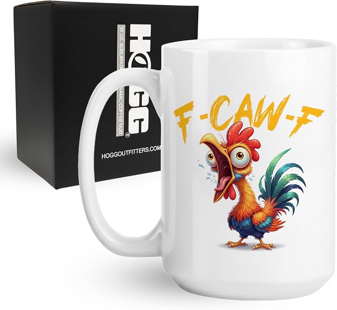F-Caw-F Coffee Mug, Fun Coffee Mugs, Funny Cups, Fcawf, F Caw F, Funny Cups for Adults, 15 oz Ceramic Fcawf Chicken, Hidden Message, Adult Humor Gag Gift, White Elephant Gift by HoggOutfitters