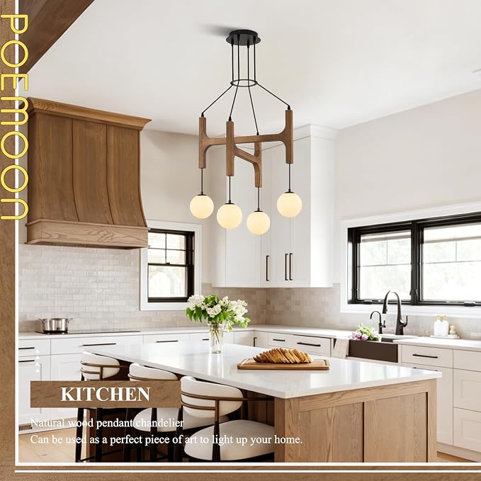 Farmhouse Wooden L24'' Chandelier Rustic Oak Wood Pendant Lights Mid Century 4-Light Milk Glass Globe Pendant Chandelier for Dining Room Kitchen Foyer Entryway Bedroom, G9 - Image 6