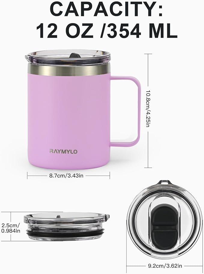 RAYMYLO Insulated Coffee Mug 12 oz, Spill-Proof & Detachable Slider Lid | Double Wall Stainless Steel with Thorough Clean Lid & Handle, Cold for 9 Hrs, Suitable for Camp Home Office - Image 6