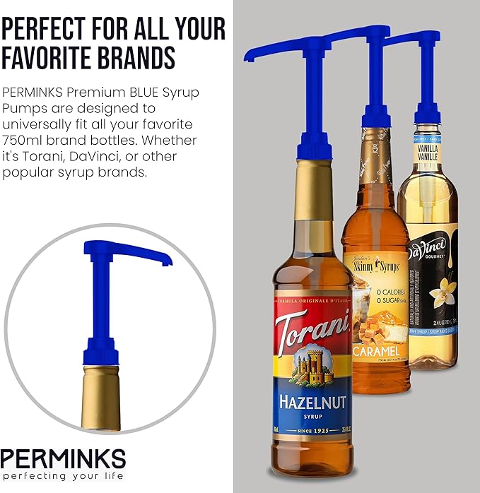 Premium Syrup Pump Compatible with Torani 750 ml Bottle, Davinci Syrups - No Spill, No Clog Syrup Pump Dispenser for Vanilla, Snow Cone, Blueberry, Coffee Flavoring & More (Pack of 6, Blue)