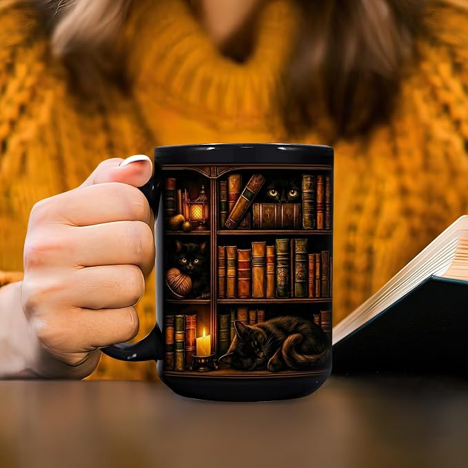 Hyturtle Black Cat Bookshelf Coffee Mug 15 Oz, Book Lover Gift for Women | Includes Matching Mini-Book Keychain; Cozy Literary Ceramic For Readers, Librarians And Bookworms On Birthdays Or Christmas - Image 2