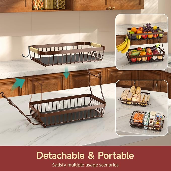 2-Tier Fruit Basket with Banana Hangers, Detachable Metal Bowl | Wooden handle, protective mats included. Versatile holder for bread, snacks, and veggies. Extra Large 2 tier metal design. - Image 3