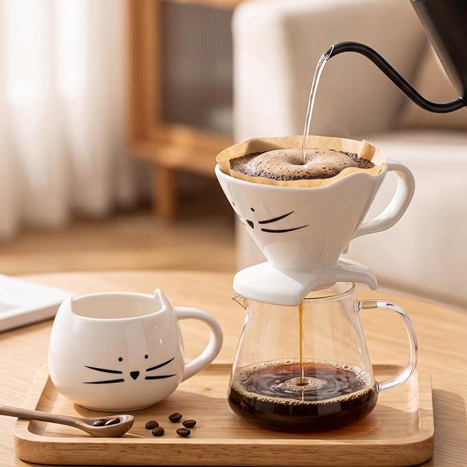Koolkatkoo Cat Coffee Mug with Kitty Figurine, White | Ceramic Mug with Pour Over Coffee Maker, Cat Themed Gifts for Women, Christmas Birthday Mothers Day Idea - Image 6