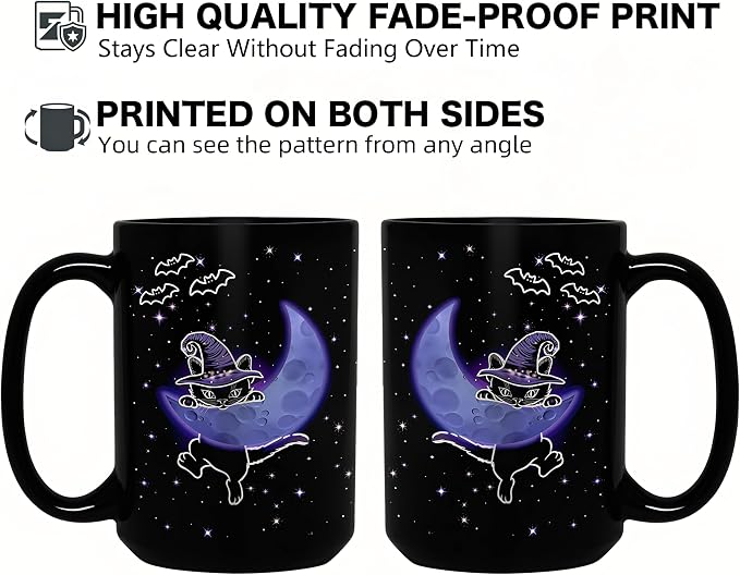 Halloween Witchy Cat Coffee Mug, 15oz Large Tea Cup, Black | Ceramic, With Handle, Celestial Moon Star Design, Gothic Home Decor, Novelty Spooky Gifts for Cat Lovers, Women, Men - Image 4