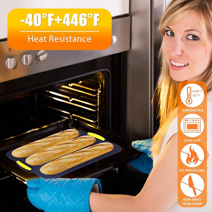 2 Pcs Silicone Baguette Bread Pan, Non-Stick Bread Loaf Pan Food Grade, 3-Cavity Perforated French Baking Mold for Homemade Bread, French Baguette, Sandwich Rolls
