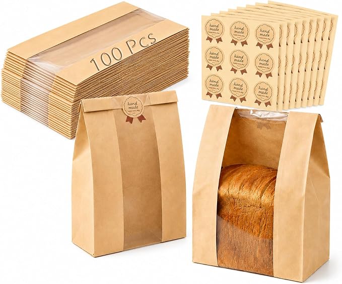 Bread Bags for Homemade Bread, 100PCS Bakery Bags with Window | Kraft Paper Bread Packaging Bags with Sealing Stickers for Sourdough, Loaves, Cookies & Baked Goods, Perfect for Home Bakers by HSIULMY