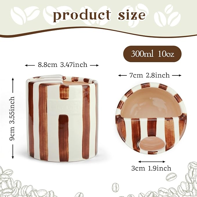Cute Ceramic Espresso Coffee Mug with Sip Hole,10oz Novelty Retro Hand-Painted Porcelain Travel Cup,Brown & White Striped Art Design,for Hot & Cold Drinks,Gift for Iced Latte Matcha Lover - Image 2