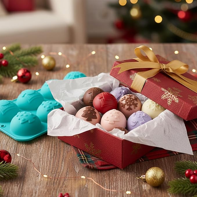 2 Pcs Christmas Silicone Molds for Chocolate Xmas Ball Silicone Mold with Snowflake Xmas Tree Design Chocolate Candy Mold Holiday Baking Molds for Dessert Soap Jello Ice Wax Melt Party Cake Decor