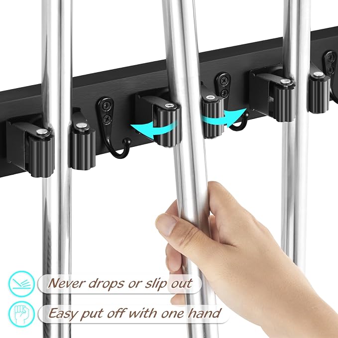 OUTNILI Black Mop Broom Holder Wall Mount with 4 Slots & 4 Hooks - Rustic Wood Broom Mop Hanger for Pantry Closet Laundry Room Organization - Heavy Duty Garden Tool Organizer - Black Kitchen Decor - Image 2