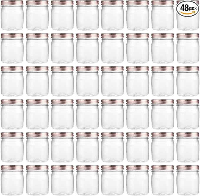 novelinks 8 oz Plastic Mason Jars and Clear Plastic Jars with Lids 8 oz | 48 Pack, Rose Gold, Plastic Containers with Lids, Small Mason Jars, Clear Jars Bulk, Spice Jars, Slime Jars, Mini Jars by novelinks