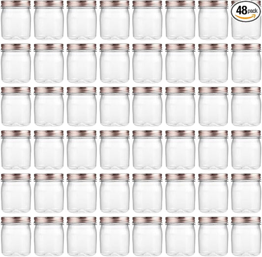 novelinks 8 oz Plastic Mason Jars and Clear Plastic Jars with Lids 8 oz | 48 Pack, Rose Gold, Plastic Containers with Lids, Small Mason Jars, Clear Jars Bulk, Spice Jars, Slime Jars, Mini Jars by novelinks